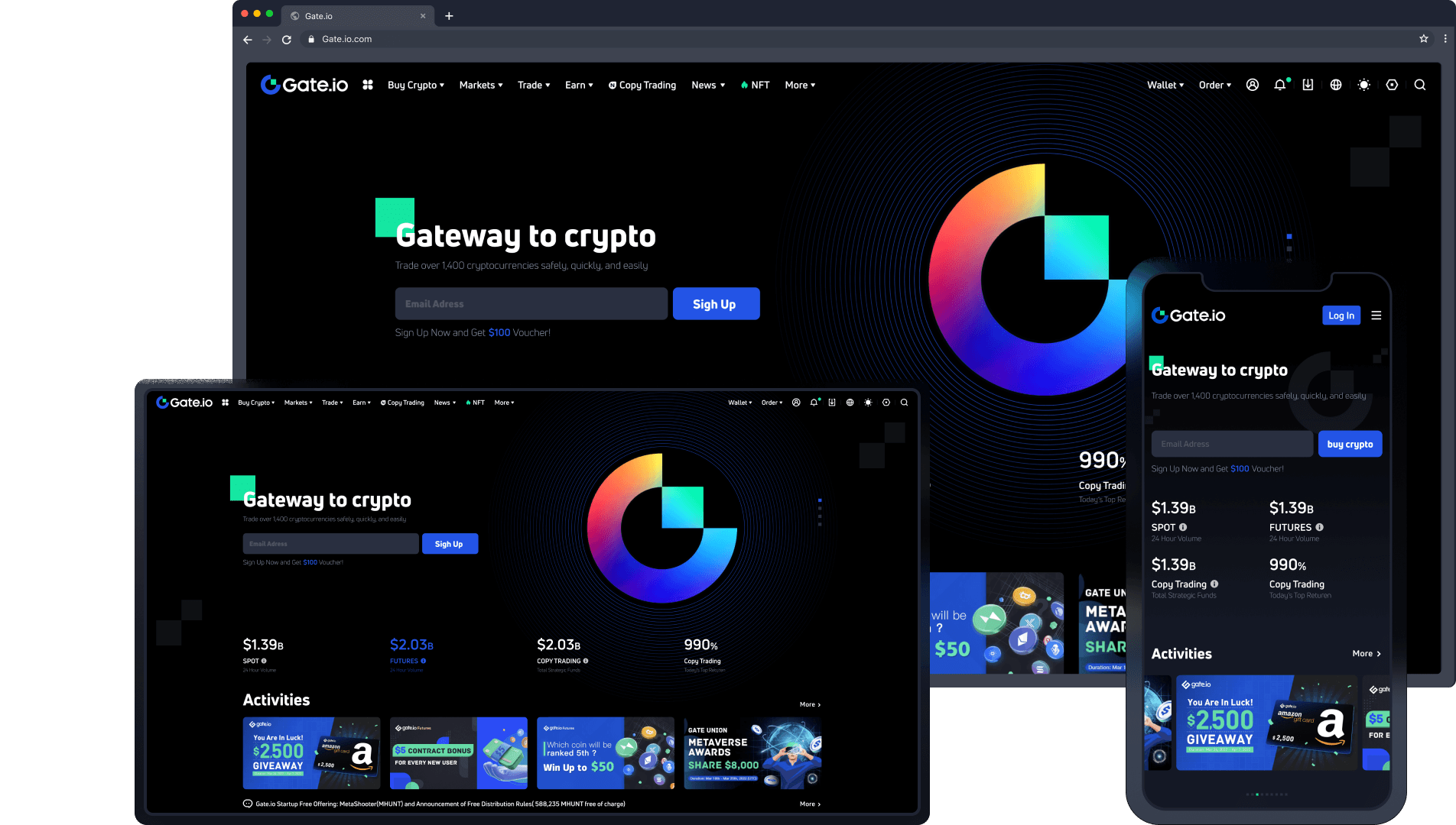 Homepage desktop, tablet and mobile app view- Gate.io